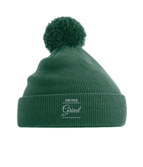 On The Grind - (white embroidery) - pom pom beanie hat