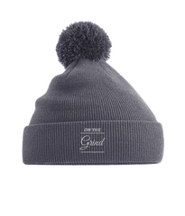 On The Grind - (white embroidery) - pom pom beanie hat